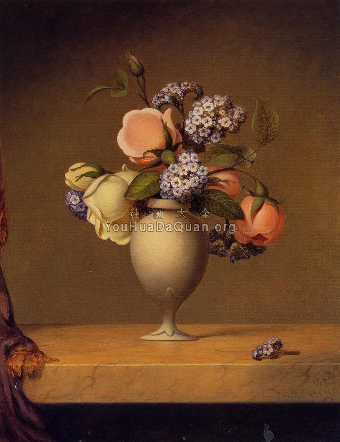 Roses and Heliotrope in a Vase on a Marble Tabletop - 马丁·约翰逊·赫德